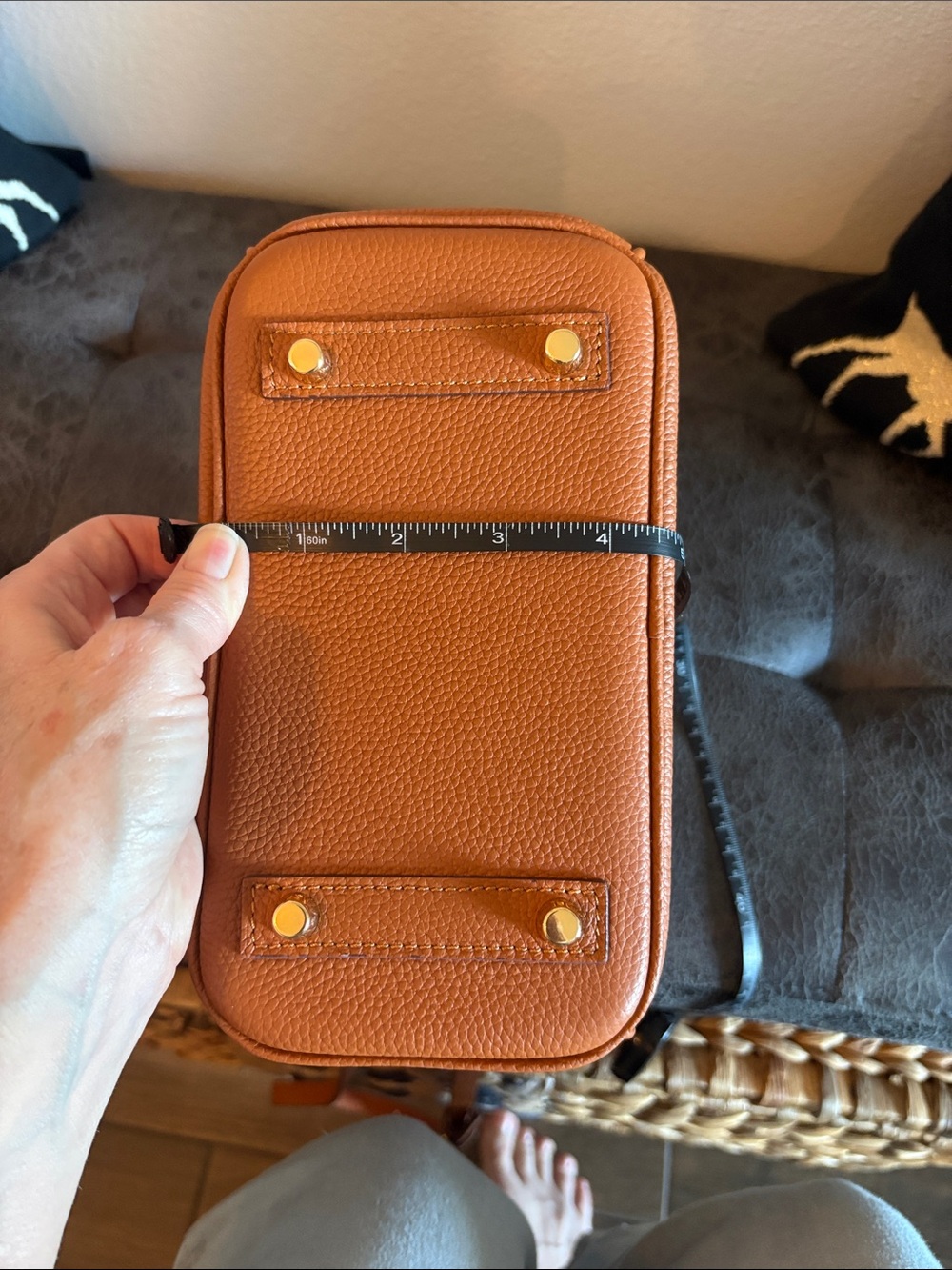 **Women's Tan Pebbled Leather Satchel with Top Handles and Crossbody Strap - Picture 11 of 12